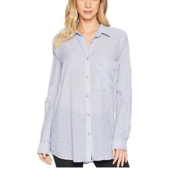 Free People No Limits Stripes Button Down Shirt In Blue - Picture 1 of 13
